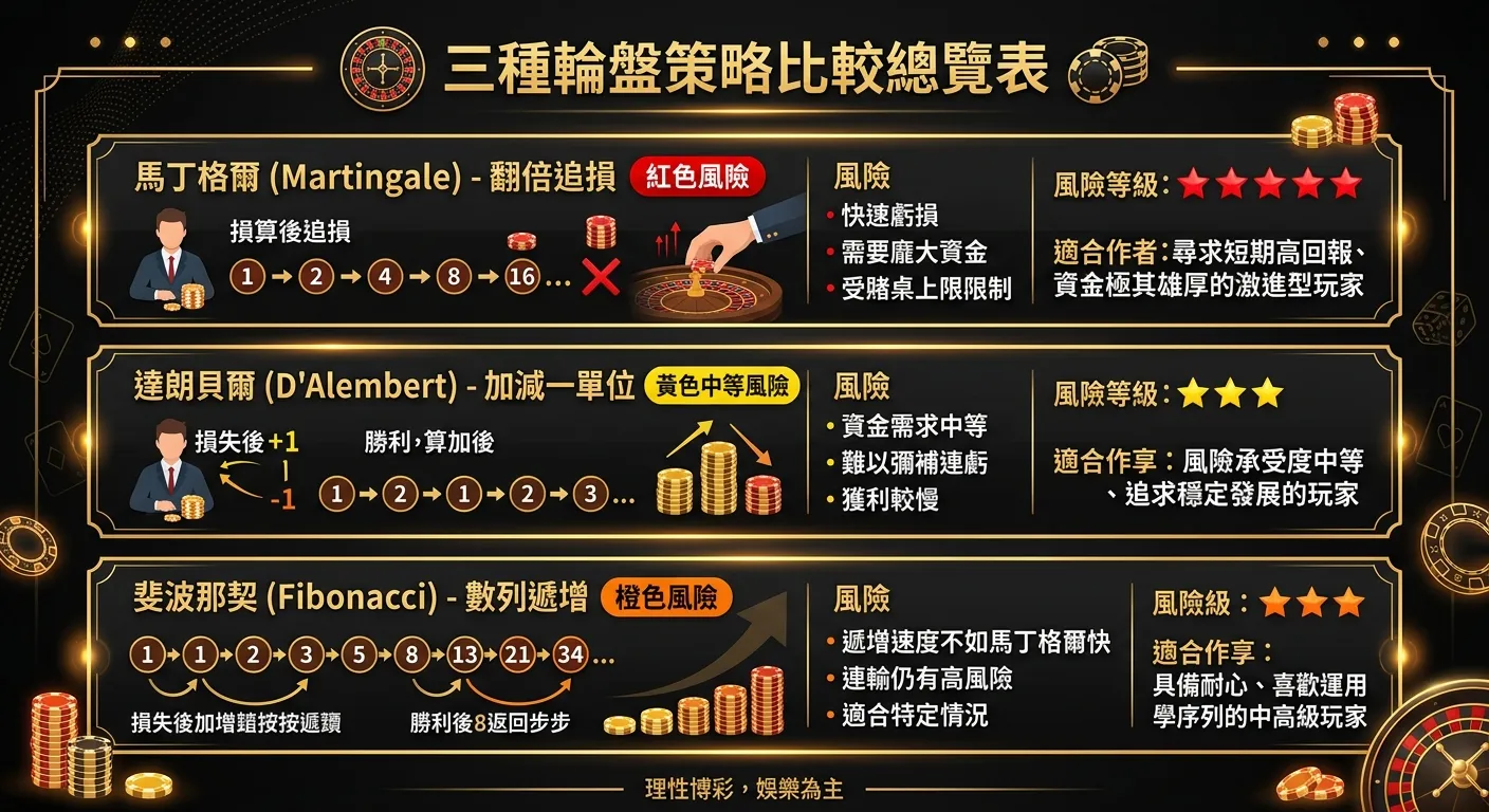 三種輪盤策略比較總覽表資訊圖，三列橫排：馬丁格爾（翻倍追損，紅色風險標示）、達朗貝爾（加減一單位，黃色中等風險）、斐波那契（數列遞增，橙色風險），每列附風險等級星級與適合玩家類型，深色背景金色字體