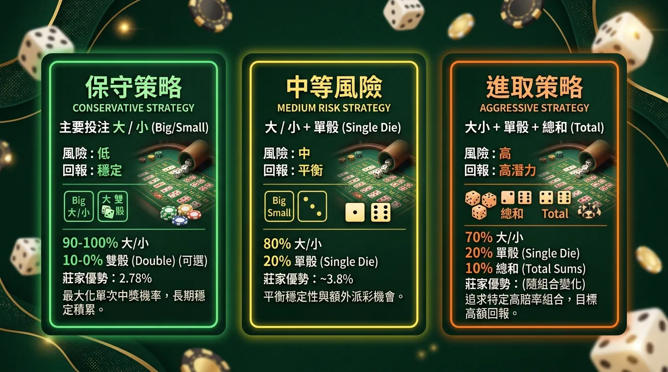 三種骰寶投注策略組合建議卡片，橫向排列三張卡片：保守策略（綠色邊框，只投大/小，莊家優勢 2.78%）、中等風險（黃色邊框，80%大小+20%單骰，莊家優勢約3.8%）、進取策略（橙色邊框，70%大小+20%單骰+10%總和）。配色深綠底。