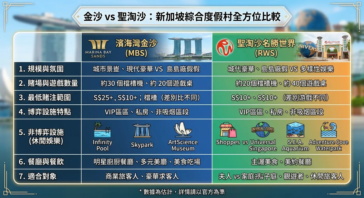 金沙 vs 聖淘沙全方位比較表格圖，兩欄分別列出規模、遊戲數量、最低賭注、非博弈設施、適合對象等詳細比較項目