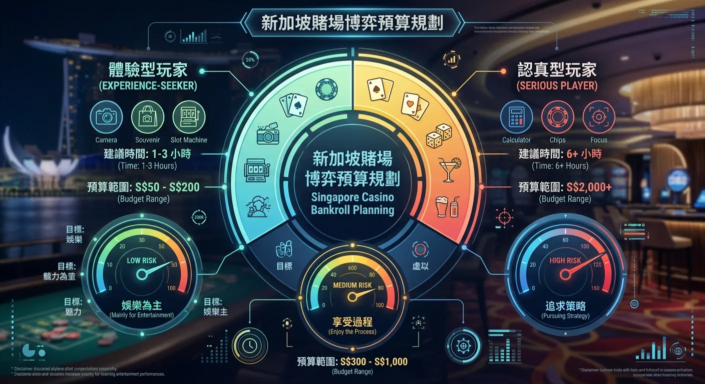 新加坡賭場博弈預算規劃圖，三種玩家類型（體驗型/休閒型/認真型）分別標示建議時間和預算範圍，以圓形儀表盤風格呈現