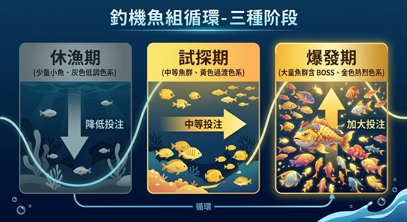 捕魚機魚群週期三階段示意圖，由左至右三個區塊：休漁期（少量小魚、灰色低調色系、向下箭頭標示「降低投注」）、試探期（中等魚群、黃色過渡色系、水平箭頭標示「中等投注」）、爆發期（大量魚群含 BOSS、金色熱烈色系、向上箭頭標示「加大投注」），三者以波浪線連接表示循環