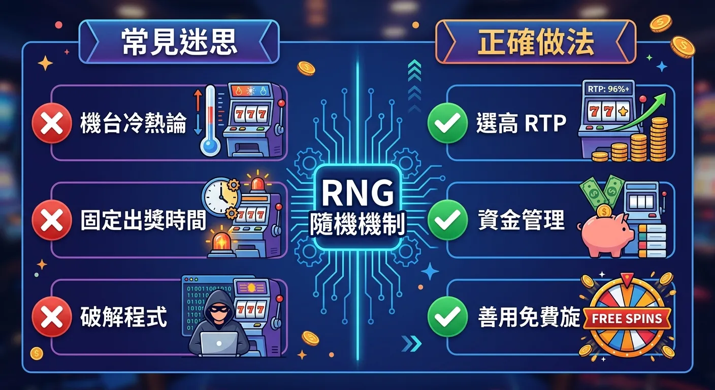 老虎機破解迷思 vs 正確做法對比圖，左右兩欄佈局：左側「常見迷思」列出三項（機台冷熱論、固定出獎時間、破解程式），每項前面標示紅色 X 圖示；右側「正確做法」列出三項（選高 RTP、資金管理、善用免費旋轉），每項前面標示綠色勾選圖示。中間分隔線標示「RNG 隨機機制」
