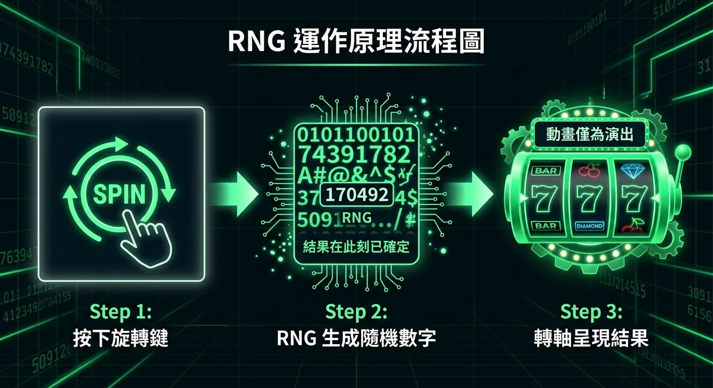 RNG 運作原理流程圖，由左至右三個步驟：Step 1 按下旋轉鍵（手指按鈕圖示）→ Step 2 RNG 生成隨機數字（數字亂碼圖示，標示「結果在此刻已確定」）→ Step 3 轉軸呈現結果（老虎機轉軸圖示，標示「動畫僅為演出」），步驟之間用箭頭連接，配色深色背景搭配綠色數字效果