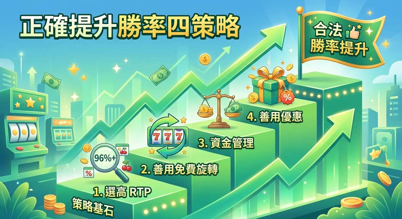正確提升勝率四策略圖，以上升階梯呈現，四個階梯由低到高：第一階「選高 RTP」（放大鏡+96% 標示）、第二階「善用免費旋轉」（旋轉箭頭圖示）、第三階「資金管理」（天秤圖示）、第四階「善用優惠」（禮物圖示），最高處放置一面「合法勝率提升」的旗幟，配色使用漸層綠色代表成長