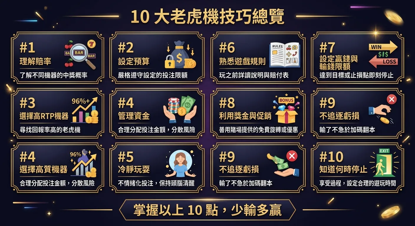 10 大老虎機技巧總覽資訊圖，以兩列五行的卡片佈局呈現，每張卡片包含技巧編號（1-10）、技巧名稱、對應圖示（放大鏡、線條、禮物、星星、錢包等），卡片使用金色邊框與深色背景，整體排列整齊，下方標示「掌握以上 10 點，少輸多贏」
