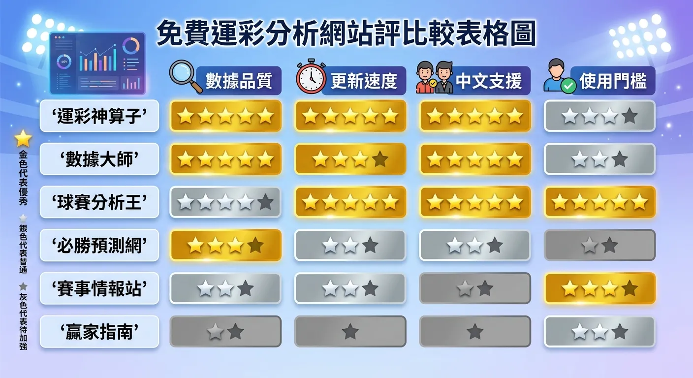 免費運彩分析網站評比比較表格圖，左欄列出六個網站名稱，上方四個評比項目（數據品質、更新速度、中文支援、使用門檻），用星級和顏色區塊表示各項評分，金色代表優秀、銀色代表普通、灰色代表待加強