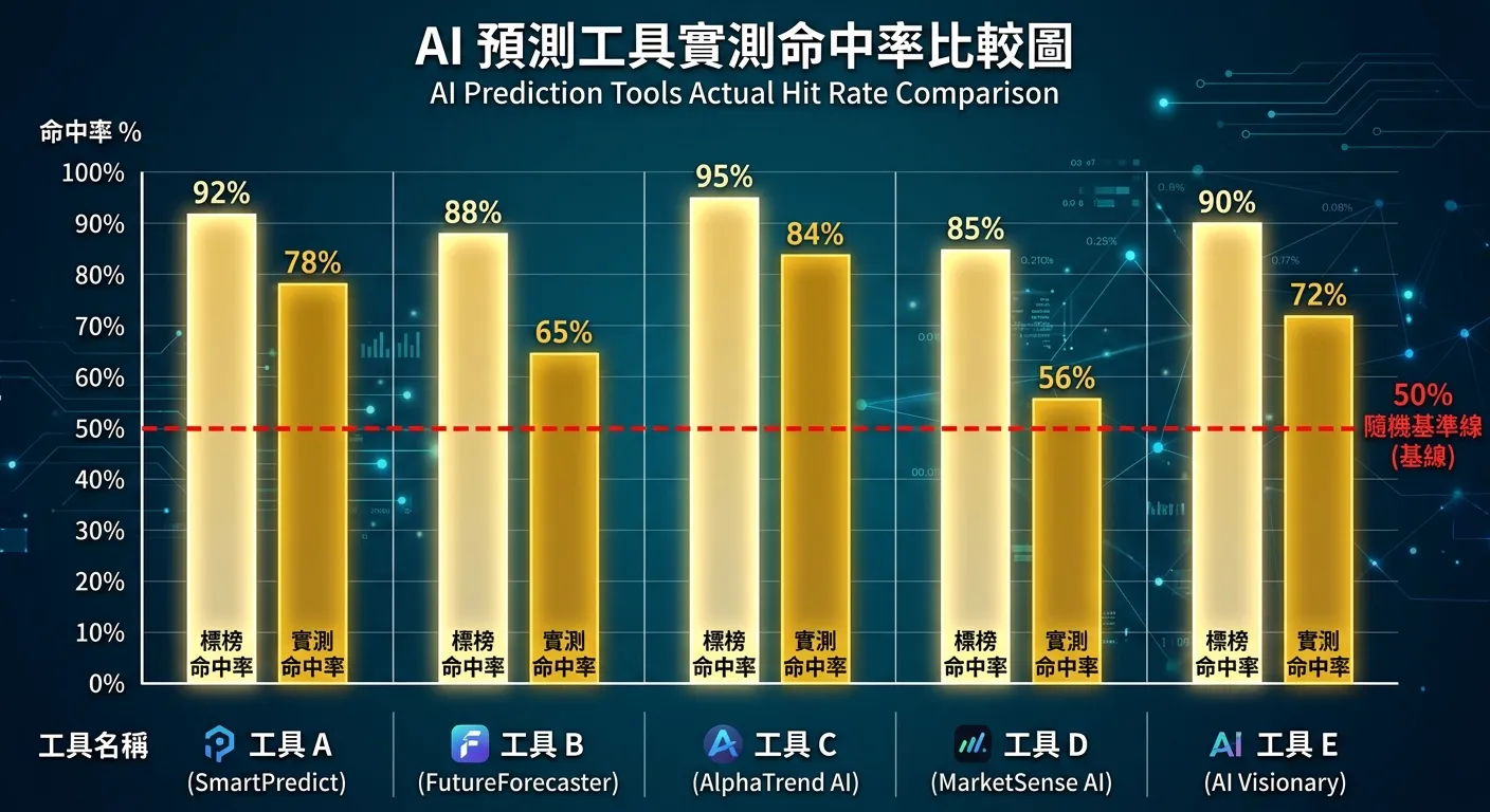 AI 預測工具實測命中率比較圖，五個直條圖呈現五款工具的標榜命中率（淺金色）與實測命中率（深金色）的對比，中間以紅色虛線標示 50% 的隨機基準線，清楚展示標榜與實際的差距