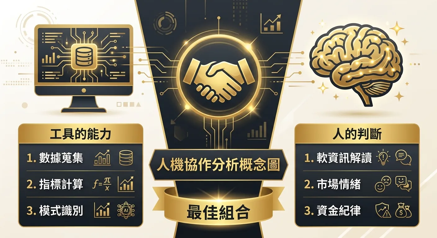 人機協作分析概念圖，左側為電腦圖示代表「工具的能力」（列出數據蒐集、指標計算、模式識別），右側為人腦圖示代表「人的判斷」（列出軟資訊解讀、市場情緒、資金紀律），中間以握手圖示連接，下方標示「最佳組合」，配色使用金色與深灰