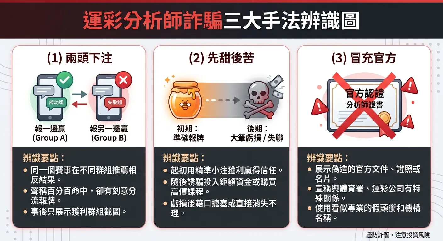 運彩分析師詐騙三大手法辨識圖，三個區塊橫向排列：(1) 兩頭下注（兩個手機群組圖示，一個打勾一個打叉）(2) 先甜後苦（蜂蜜罐到骷髏頭的漸變圖示）(3) 冒充官方（假證照圖示加紅色X），每個區塊下方有辨識要點，整體使用警示紅色和深灰