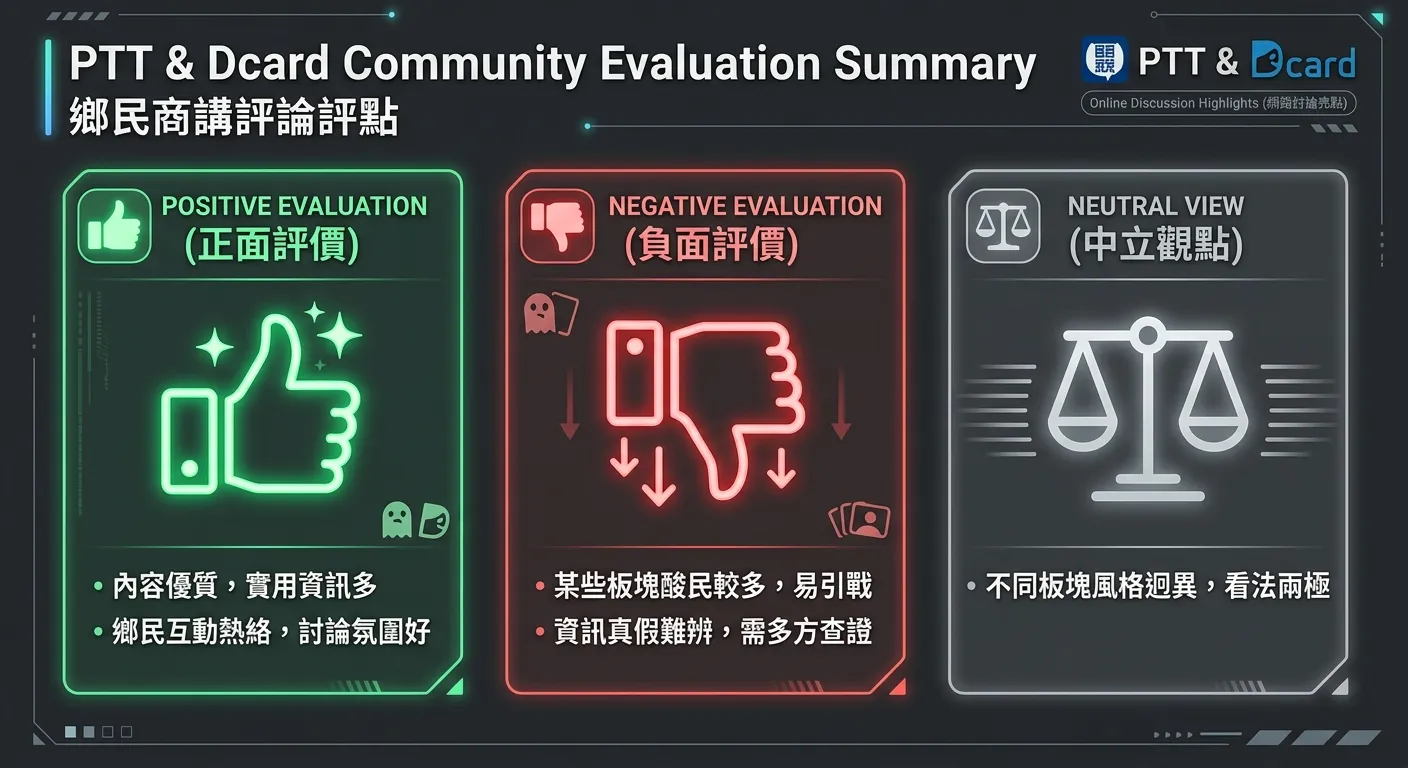PTT 與 Dcard 社群評價摘要圖，三個區塊分別顯示正面評價（綠色圖示，列出兩句代表性評論）、負面評價（紅色圖示，列出兩句代表性評論）、中立觀點（灰色圖示，列出一句代表性評論），配色使用深灰背景
