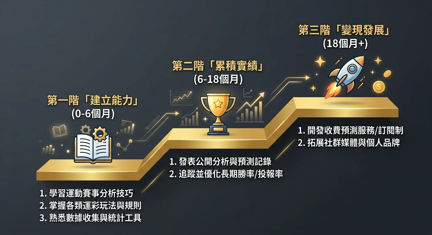 運彩分析師職涯發展路徑圖，由左至右三個階段用階梯形式呈現：第一階「建立能力」（0-6個月，書本圖示）、第二階「累積實績」（6-18個月，獎盃圖示）、第三階「變現發展」（18個月+，火箭圖示），每個階段下方列出 2-3 個關鍵行動，配色使用金色階梯與深灰背景