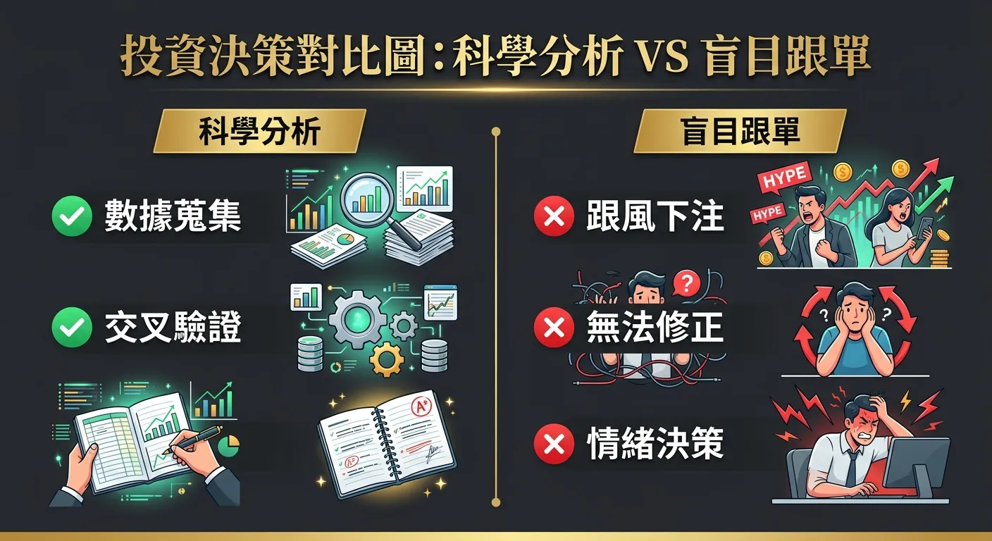 科學分析 vs 盲目跟單對比圖，左側「科學分析」區塊列出數據蒐集、交叉驗證、紀錄回顧三個步驟搭配綠色勾選圖示，右側「盲目跟單」區塊列出跟風下注、無法修正、情緒決策三項搭配紅色叉叉圖示，中間以分隔線區分，配色使用金色標題、深灰背景
