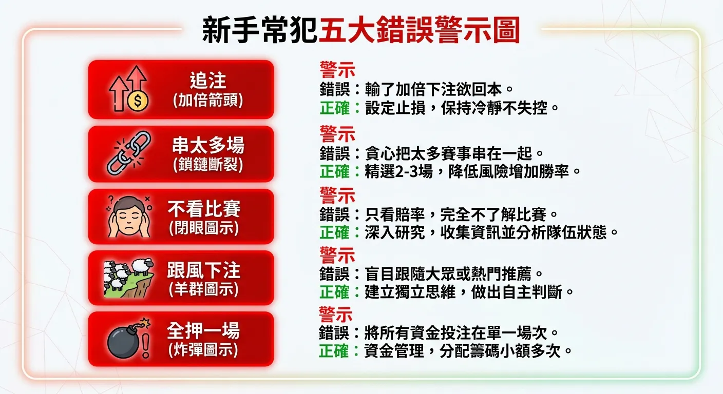 新手常犯五大錯誤警示圖，五個紅色警告卡片垂直排列：追注（加倍箭頭）、串太多場（鎖鏈斷裂）、不看比賽（閉眼圖示）、跟風下注（羊群圖示）、全押一場（炸彈圖示），每張卡片右側附正確做法文字（綠色），配色使用紅色警告與綠色建議