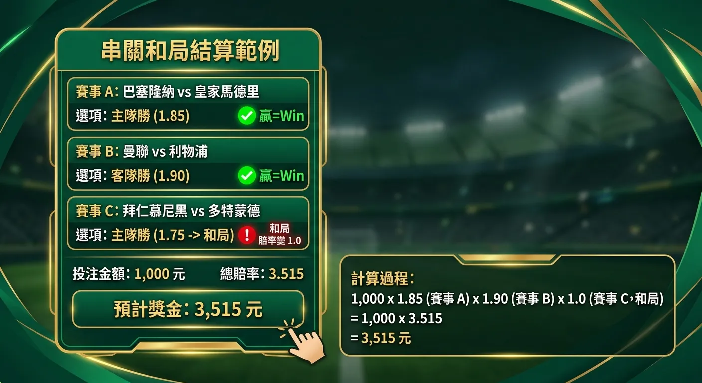 串關和局結算範例圖，展示一張三場串關投注單：賽事 A（1.85，綠色勾選=贏）、賽事 B（1.90，綠色勾選=贏）、賽事 C（紅色和局標示=賠率變 1.0），下方顯示計算過程：1,000 x 1.85 x 1.90 x 1.0 = 3,515 元，金色與深綠配色