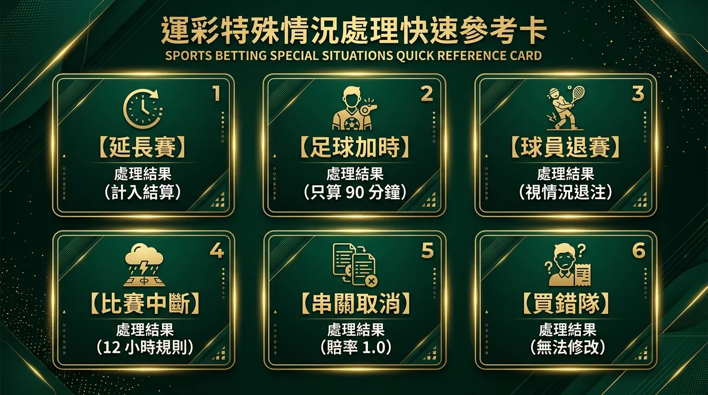 運彩特殊情況處理快速參考卡，六個情況以卡片形式排列（2x3），每張卡片標示情況名稱和處理結果：延長賽（計入結算）、足球加時（只算 90 分鐘）、球員退賽（視情況退注）、比賽中斷（12 小時規則）、串關取消（賠率 1.0）、買錯隊（無法修改），金色與深綠配色