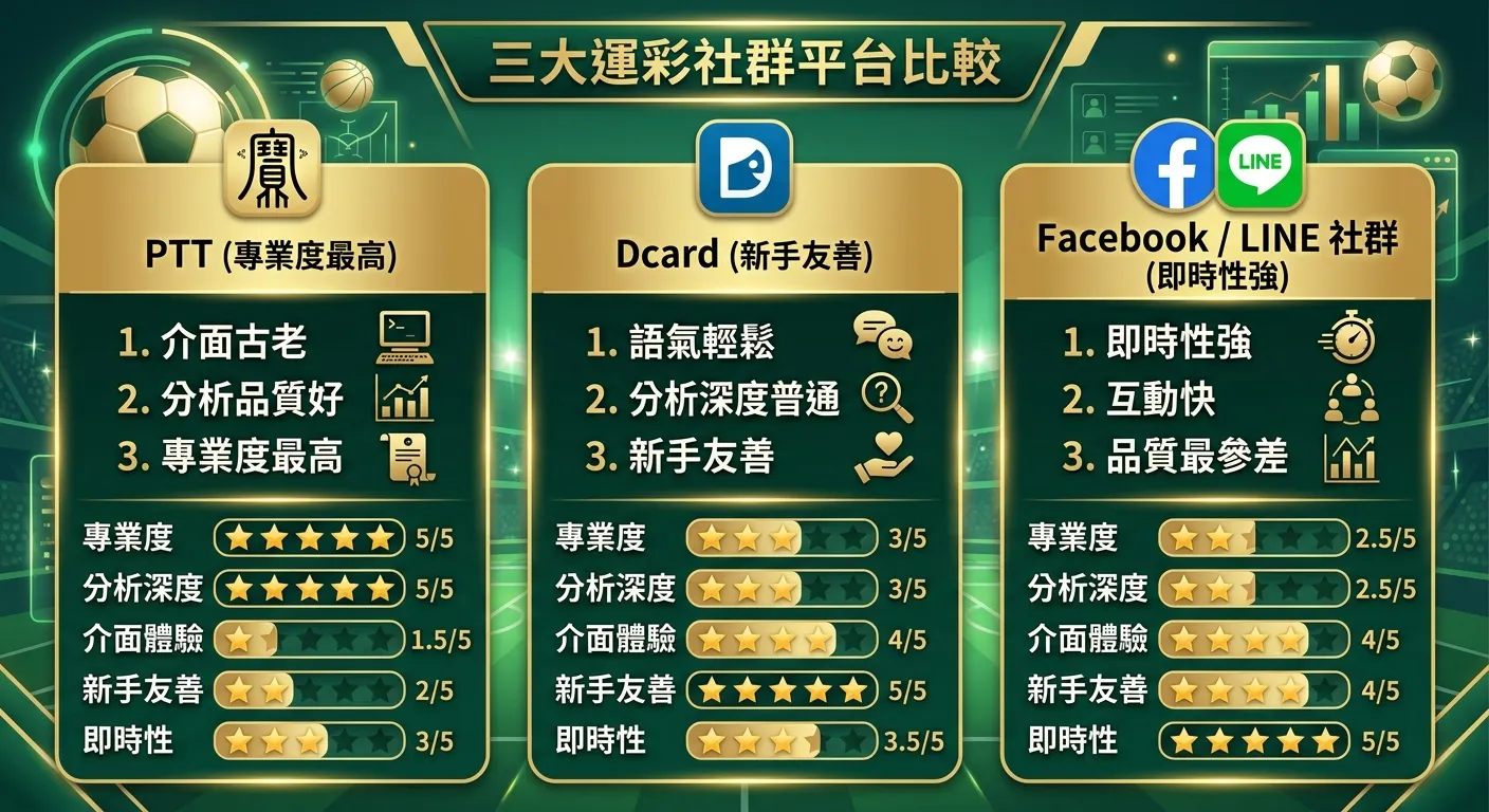 三大運彩社群平台比較表格圖，三欄橫排：PTT（專業度最高、分析品質好、介面古老）、Dcard（新手友善、語氣輕鬆、分析深度普通）、Facebook/LINE 社群（即時性強、互動快、品質最參差），每欄頂部為平台圖示，下方列出三項特色，星級評分表示各維度強弱，金色與深綠配色