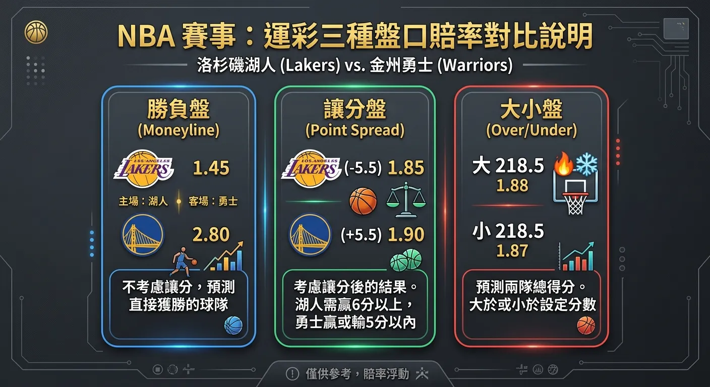 運彩三種盤口賠率對比說明圖，以一場 NBA 賽事為例，橫向三個區塊分別展示勝負盤（湖人 1.45 vs 勇士 2.80）、讓分盤（湖人-5.5 賠率 1.85 vs 勇士+5.5 賠率 1.90）、大小盤（大 218.5 賠率 1.88 vs 小 218.5 賠率 1.87），用不同顏色區分三種盤口，配色使用金色標題與深灰背景