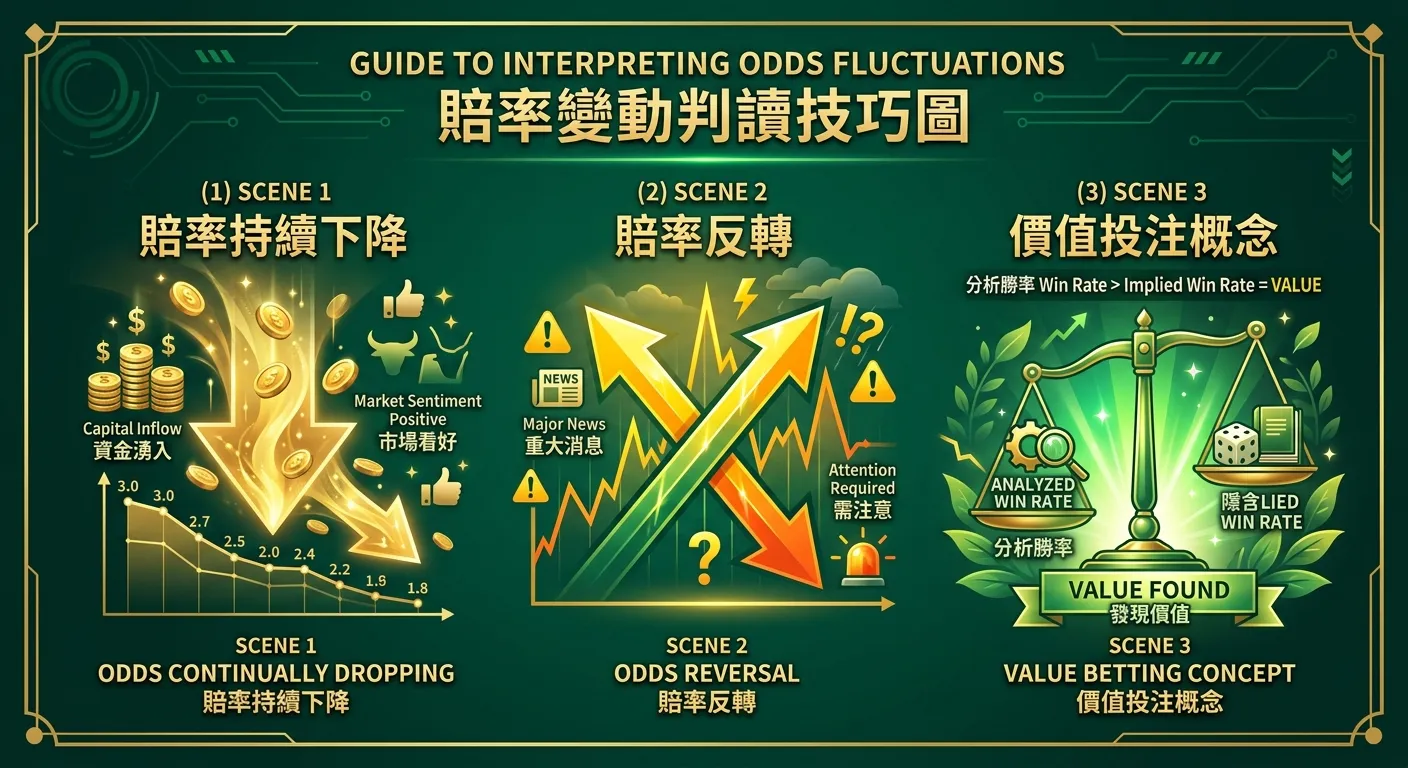 賠率變動判讀技巧圖，三個場景橫向排列：(1) 賠率持續下降（向下箭頭+金色，標籤：資金湧入、市場看好）(2) 賠率反轉（上下箭頭交錯+黃色，標籤：重大消息、需注意）(3) 價值投注概念（天秤+綠色，標籤：分析勝率 > 隱含勝率 = 價值），金色與深綠配色