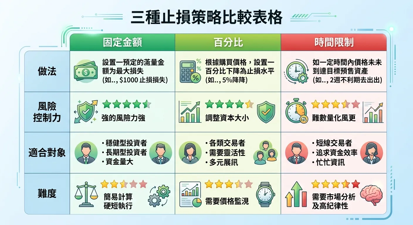 三種止損策略比較表格圖，橫向三欄分別為「固定金額」「百分比」「時間限制」，縱向四列為「做法」「風險控制力」「適合對象」「難度」，用綠色/黃色/紅色星級表示各維度的評分，整體設計簡潔專業