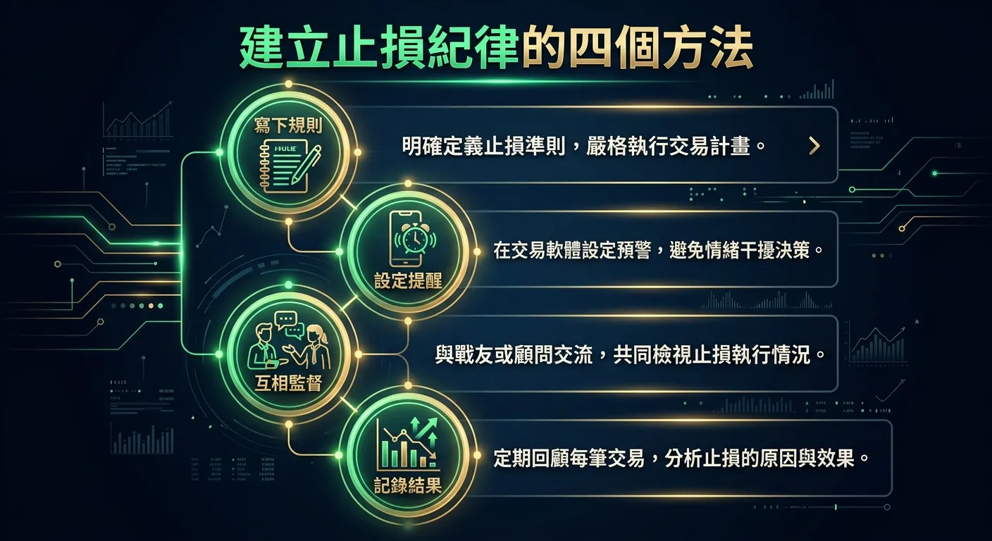 建立止損紀律的四個方法資訊圖，四個圓形圖示由上至下排列：1.筆記本圖示「寫下規則」、2.手機鬧鐘圖示「設定提醒」、3.兩個人形圖示「互相監督」、4.圖表圖示「記錄結果」，每個方法旁附一句說明文字，深色背景配綠色與金色