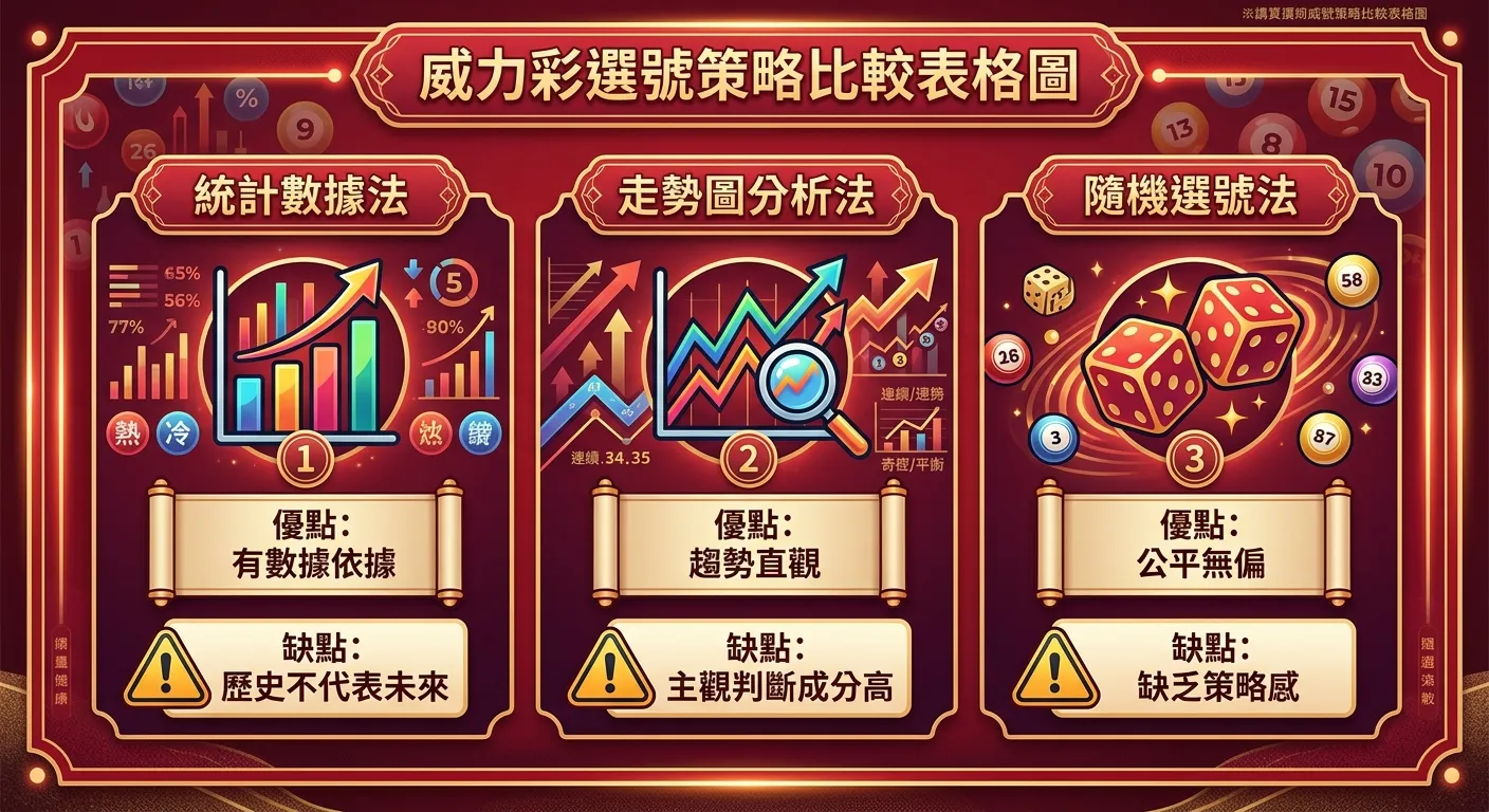 威力彩選號策略比較表格圖，三種策略並排：統計數據法（圖示為長條圖，標示優點「有數據依據」缺點「歷史不代表未來」）、走勢圖分析法（圖示為折線圖，標示優點「趨勢直觀」缺點「主觀判斷成分高」）、隨機選號法（圖示為骰子，標示優點「公平無偏」缺點「缺乏策略感」），配色使用紅金色系