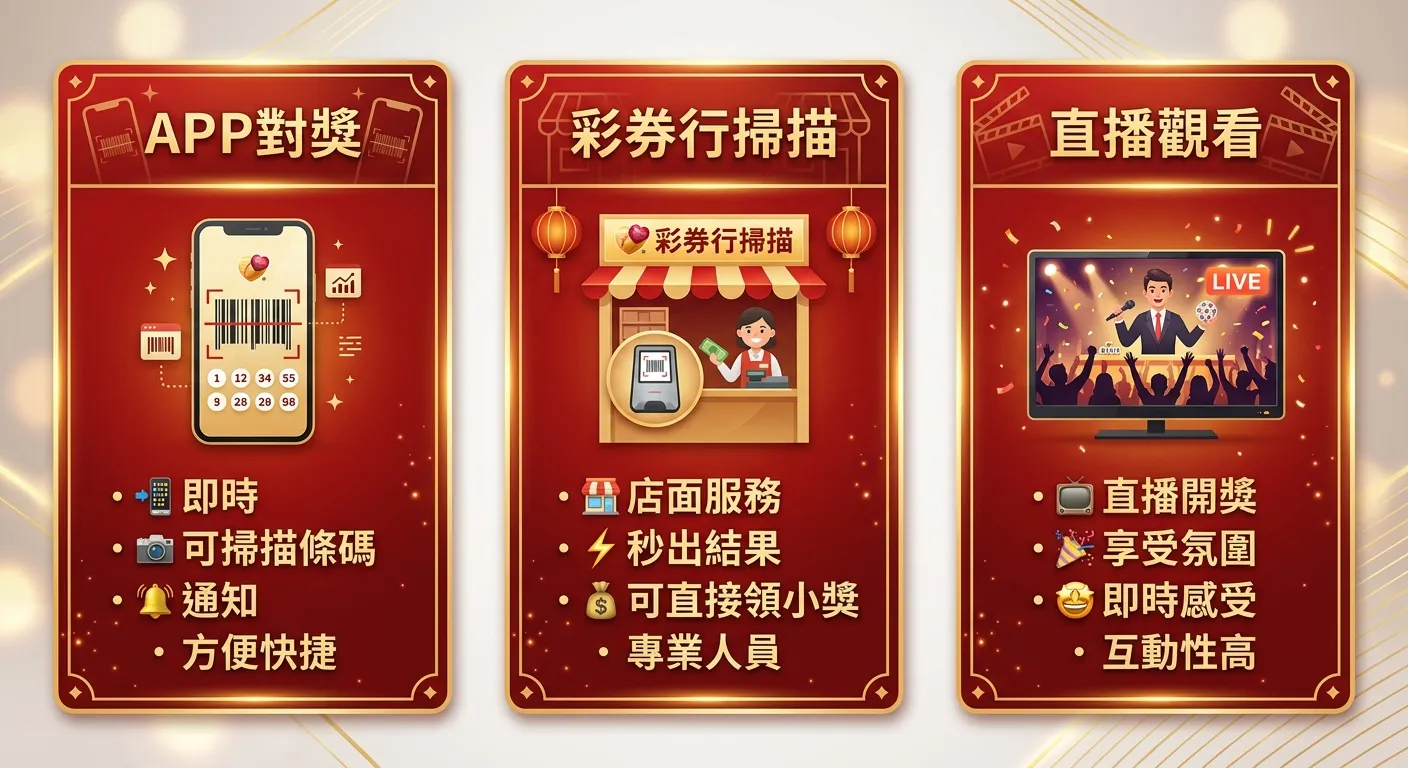 三種對獎方式比較卡片，三張卡片並排：左「APP對獎」（手機圖示，標示即時、可掃描條碼），中「彩券行掃描」（店面圖示，標示秒出結果、可直接領小獎），右「直播觀看」（電視圖示，標示享受氛圍、即時感受），配色統一使用金紅色系