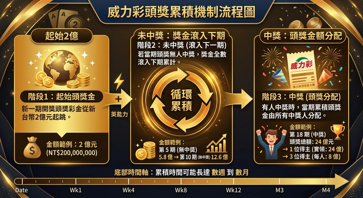 威力彩頭獎累積機制流程圖，由左至右三個階段：階段1「起始2億」→ 階段2「未中獎：獎金滾入下期」（循環箭頭）→ 階段3「中獎：頭獎金額分配給得主」，每個階段下方附有金額範例，底部時間軸標示可能累積數週到數月，配色金色系