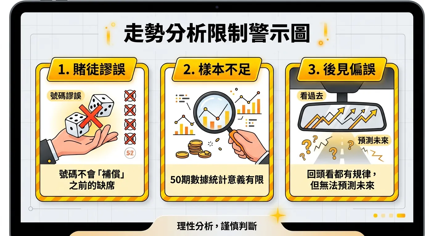 走勢分析限制警示圖，三張警告卡片：1.「賭徒謬誤」（骰子+叉號，說明：號碼不會「補償」之前的缺席）2.「樣本不足」（放大鏡+小數據圖示，說明：50期數據統計意義有限）3.「後見偏誤」（後照鏡圖示，說明：回頭看都有規律，但無法預測未來），配色使用黃色警告色系
