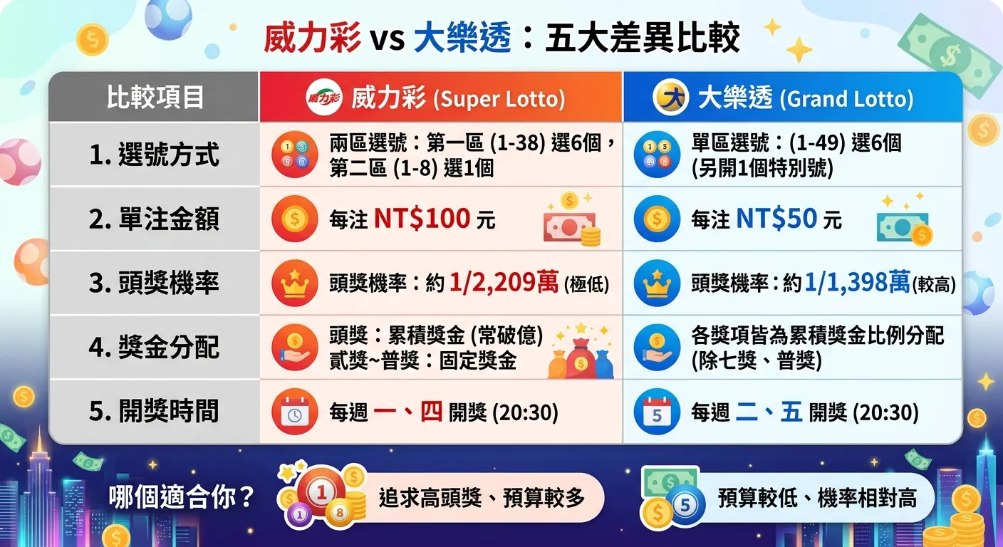 威力彩vs大樂透五大差異比較表格圖，五行五列：比較項目（選號方式、金額、機率、獎金、開獎日）在左欄，威力彩數據在中欄（紅色），大樂透數據在右欄（藍色），每個關鍵數字用粗體標示，底部附「哪個適合你？」引導文字