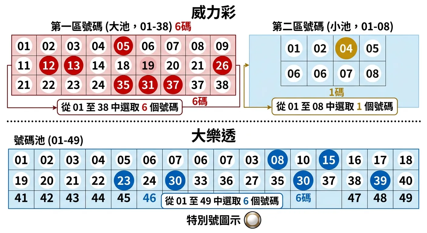威力彩與大樂透選號範圍對比圖，上方「威力彩」顯示兩個號碼池：大池01-38（紅色圓形標示6碼）+ 小池01-08（金色圓形標示1碼），下方「大樂透」顯示一個號碼池01-49（藍色圓形標示6碼）+ 特別號圖示，兩者用虛線分隔對比