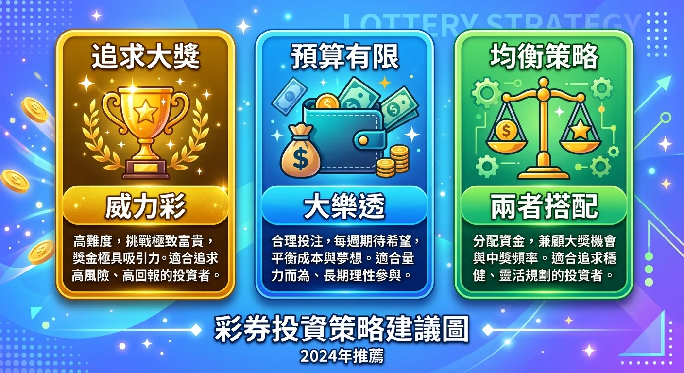 三種情境選擇建議圖，三張卡片並排：左「追求大獎」（金色獎盃圖示→威力彩），中「預算有限」（錢包圖示→大樂透），右「均衡策略」（天秤圖示→兩者搭配），每張卡片附簡短理由說明，配色鮮明
