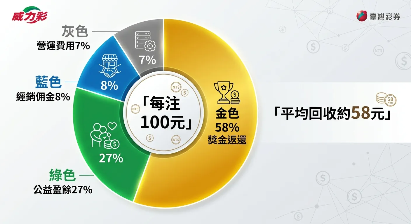 威力彩每100元投注的分配圓餅圖，四個扇區：「獎金返還58%」（金色，最大）、「公益盈餘27%」（綠色）、「經銷佣金8%」（藍色）、「營運費用7%」（灰色），中央標示「每注100元」，旁邊附文字說明「平均回收約58元」