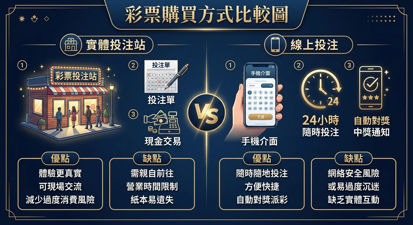 彩票購買方式比較圖，左右兩欄對比：左側「實體投注站」展示投注站外觀示意、投注單、現金交易圖示；右側「線上投注」展示手機介面、24小時圖示、自動對獎圖示。中間用VS符號分隔，下方列出各自的優缺點，配色使用金色與深藍色系