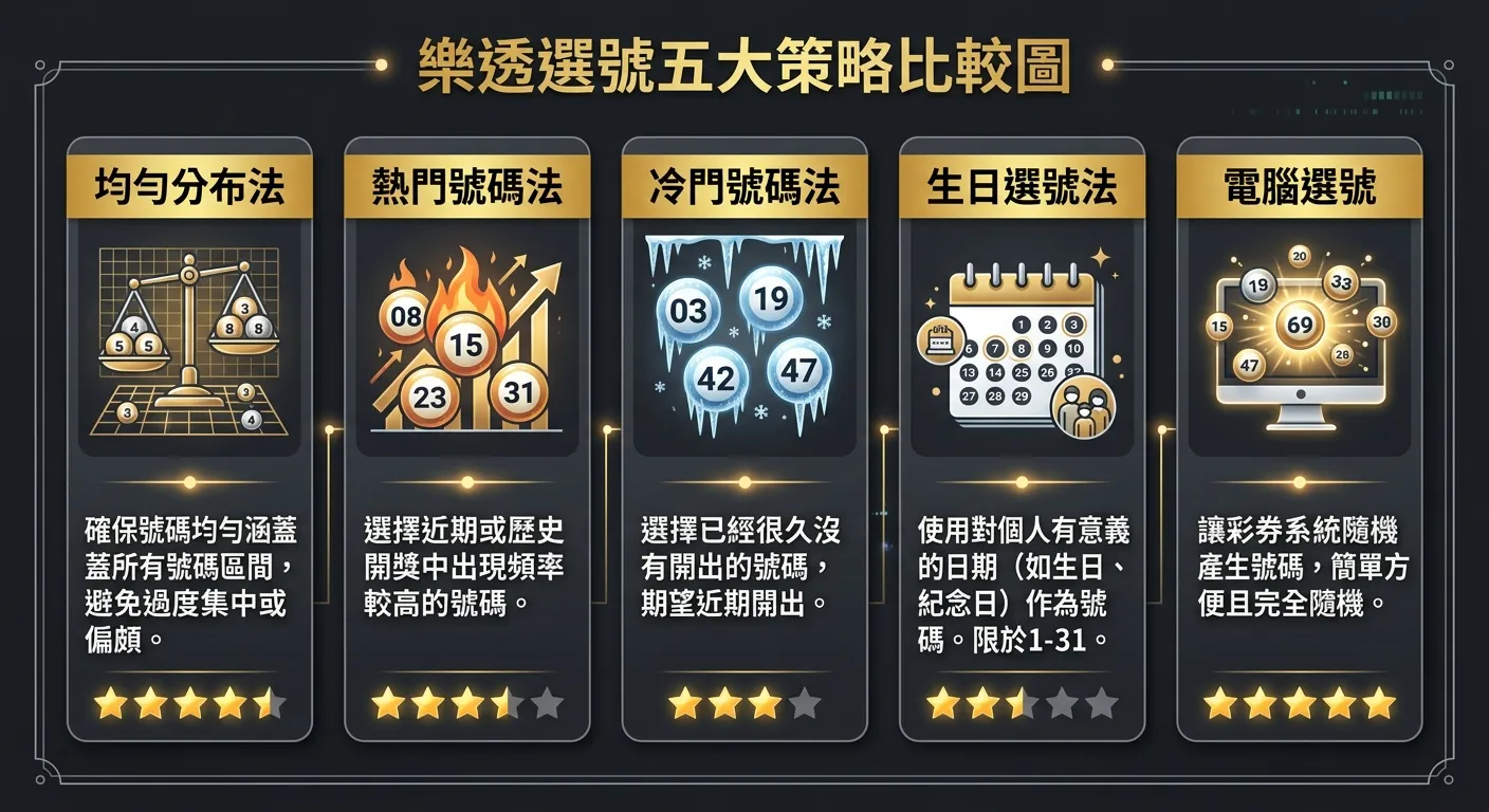 樂透選號五大策略比較圖，五個策略以卡片式排列：均勻分布法、熱門號碼法、冷門號碼法、生日選號法、電腦選號，每張卡片包含策略名稱、簡短說明、推薦星級（1-5星），配色使用金色標題與深灰背景