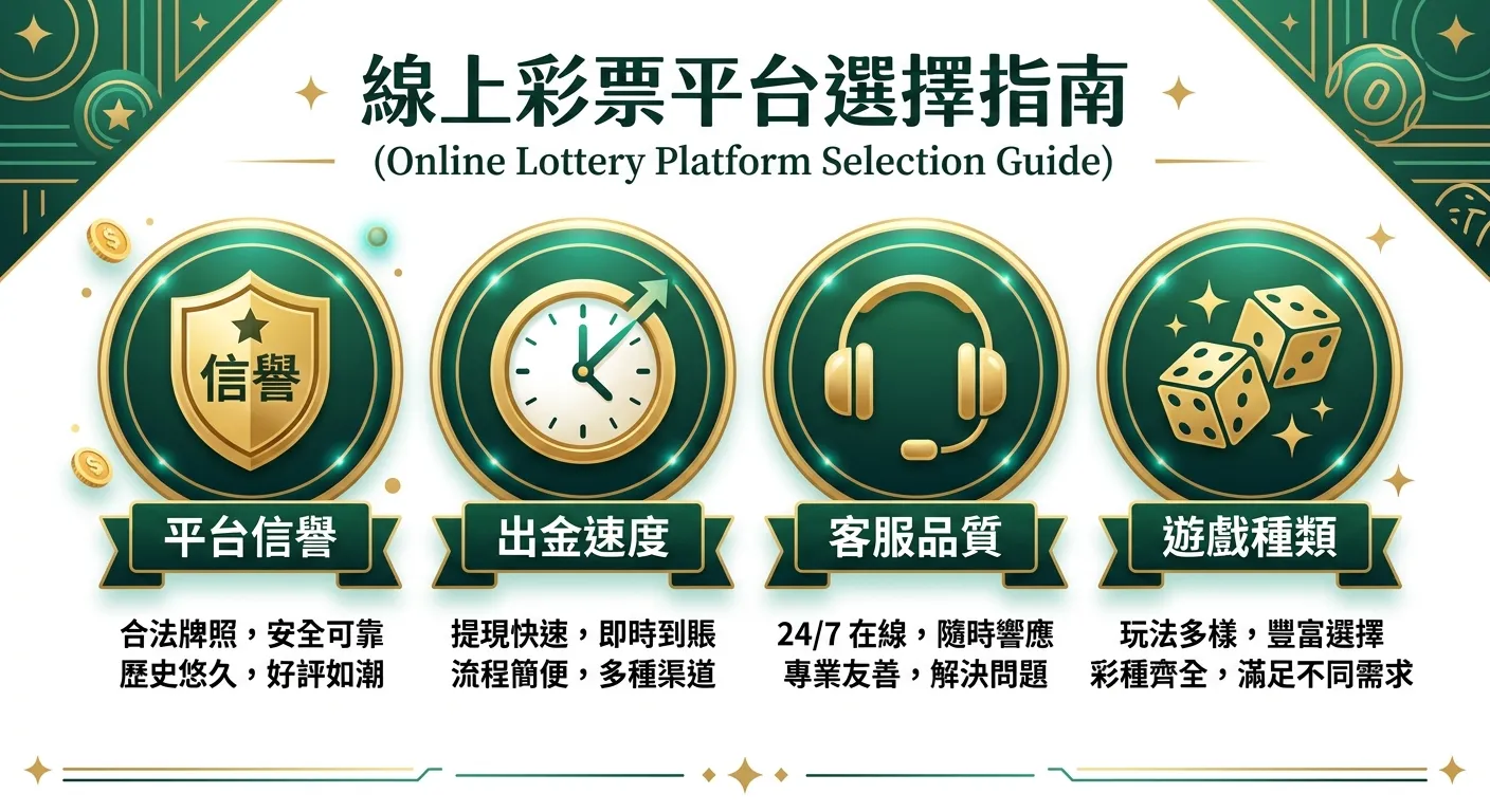 線上彩票平台選擇指南資訊圖，四個評估指標以圓形圖示呈現：平台信譽（盾牌圖示）、出金速度（時鐘圖示）、客服品質（耳機圖示）、遊戲種類（骰子圖示），每個指標下方附簡短說明文字，配色使用金色與深綠色系