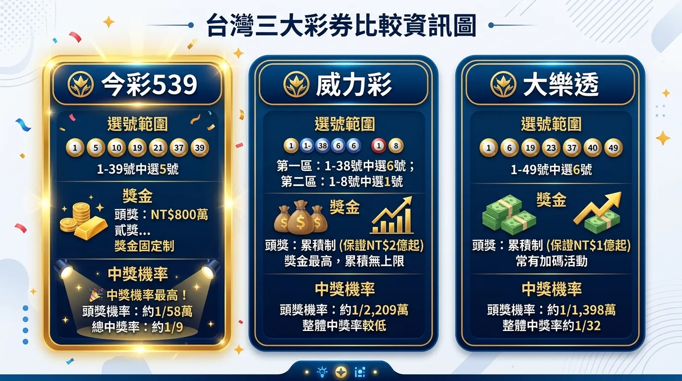 台灣三大彩券比較資訊圖，橫向三個區塊分別代表今彩539、威力彩、大樂透，每個區塊包含選號範圍、獎金、機率三項數據，539區塊以金色框線突出強調中獎機率最高的特點，配色使用深藍與金色系