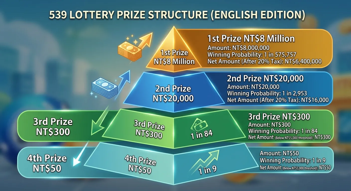 539獎金結構圖（英文版），以四層金字塔呈現：1st Prize NT$8M、2nd Prize NT$20K、3rd Prize NT$300、4th Prize NT$50，每層標示中獎機率和稅後實領金額
