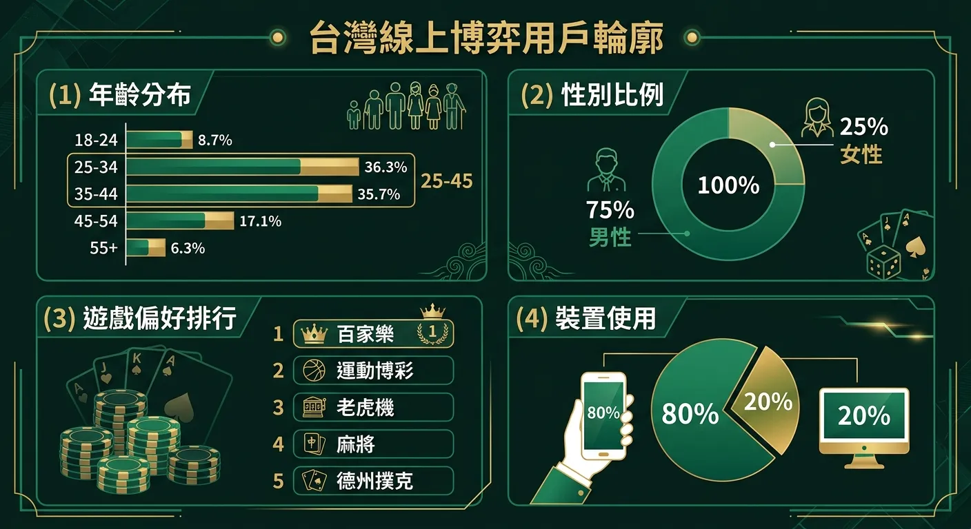 台灣線上博弈用戶輪廓資訊圖，分為四個區塊：(1)年齡分布橫條圖-25-45歲區段最長 (2)性別比例圓餅圖-男75%女25% (3)遊戲偏好排行-百家樂第一 (4)裝置使用-手機80%電腦20%，配色使用金色與深墨綠