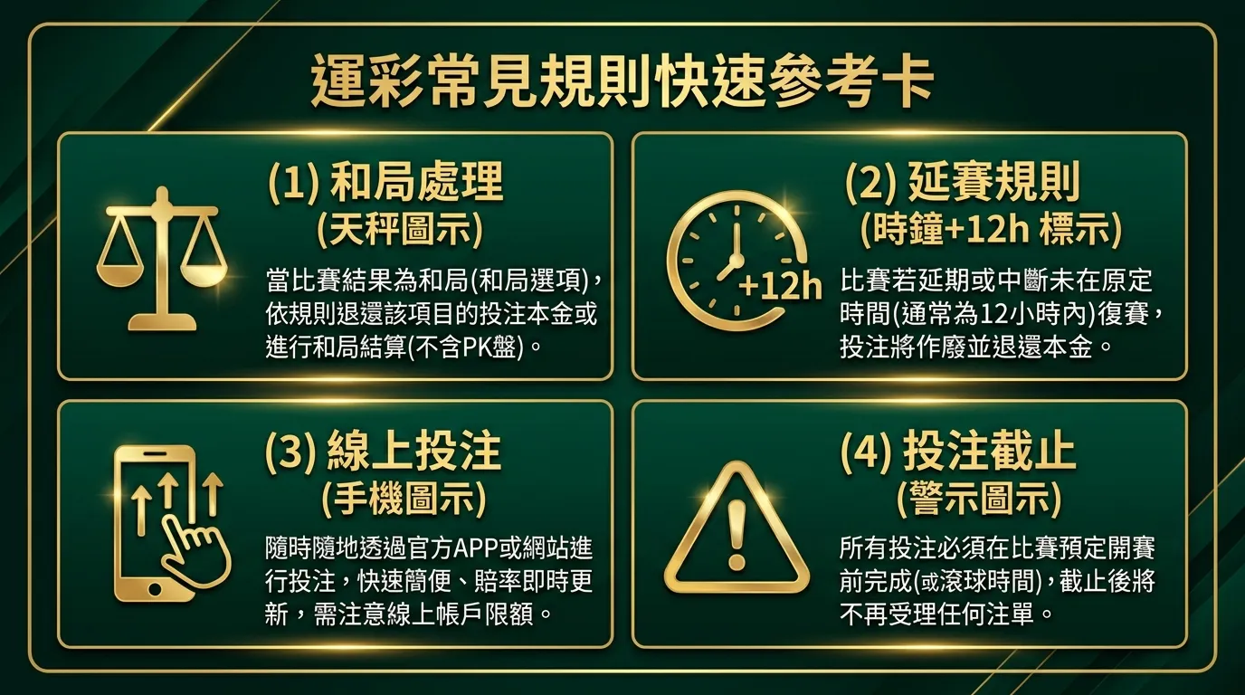 運彩常見規則快速參考卡，分為四個區塊：(1) 和局處理（天秤圖示）(2) 延賽規則（時鐘+12h 標示）(3) 線上投注（手機圖示）(4) 投注截止（警示圖示），每個區塊含簡短說明文字，整體排版為 2x2 方格，配色使用金色與深綠色系