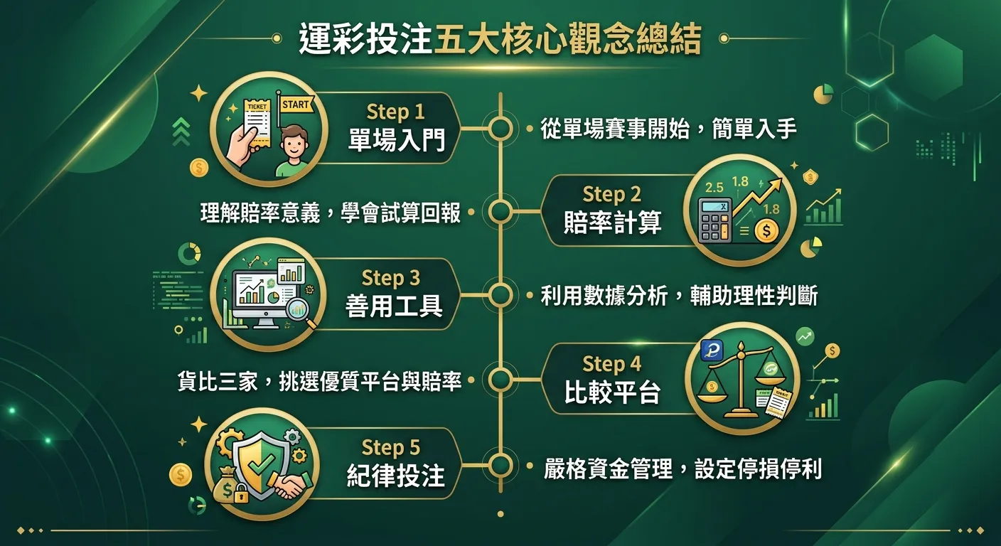 運彩投注五大核心觀念總結圖，五個步驟由上至下以時間軸形式呈現：Step 1 單場入門（新手圖示）→ Step 2 賠率計算（計算機圖示）→ Step 3 善用工具（螢幕+圖表圖示）→ Step 4 比較平台（天秤圖示）→ Step 5 紀律投注（盾牌圖示），每步驟旁附一句話摘要，配色使用金色與深綠色系