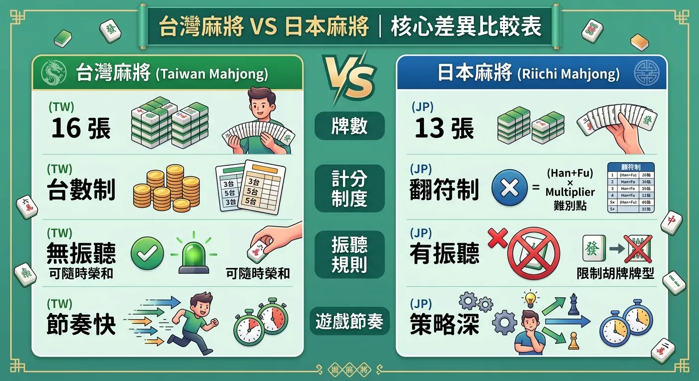 台灣麻將 vs 日本麻將核心差異比較表資訊圖，左右兩欄對比：台灣（16 張、台數制、無振聽、節奏快）和日本（13 張、飜符制、有振聽、策略深），中間 VS 圖示，每項差異以圖示搭配文字說明，翠綠色背景