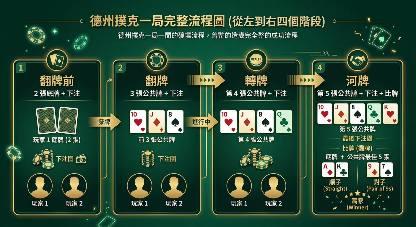 德州撲克一局完整流程圖，由左到右四個階段：「翻牌前」（2 張底牌 + 下注）→「翻牌」（3 張公共牌 + 下注）→「轉牌」（第 4 張公共牌 + 下注）→「河牌」（第 5 張公共牌 + 下注 + 比牌），每階段有撲克牌圖示。配色使用深綠與金色