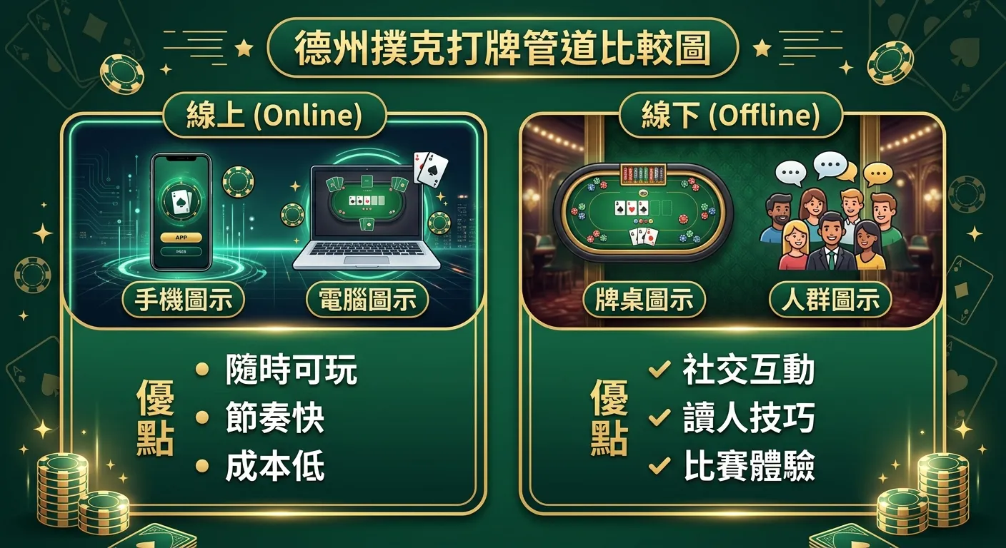 德州撲克打牌管道比較圖，分為「線上」和「線下」兩大區塊：線上（手機圖示 + 電腦圖示，列出優點：隨時可玩、節奏快、成本低）、線下（牌桌圖示 + 人群圖示，列出優點：社交互動、讀人技巧、比賽體驗）。配色使用深綠與金色