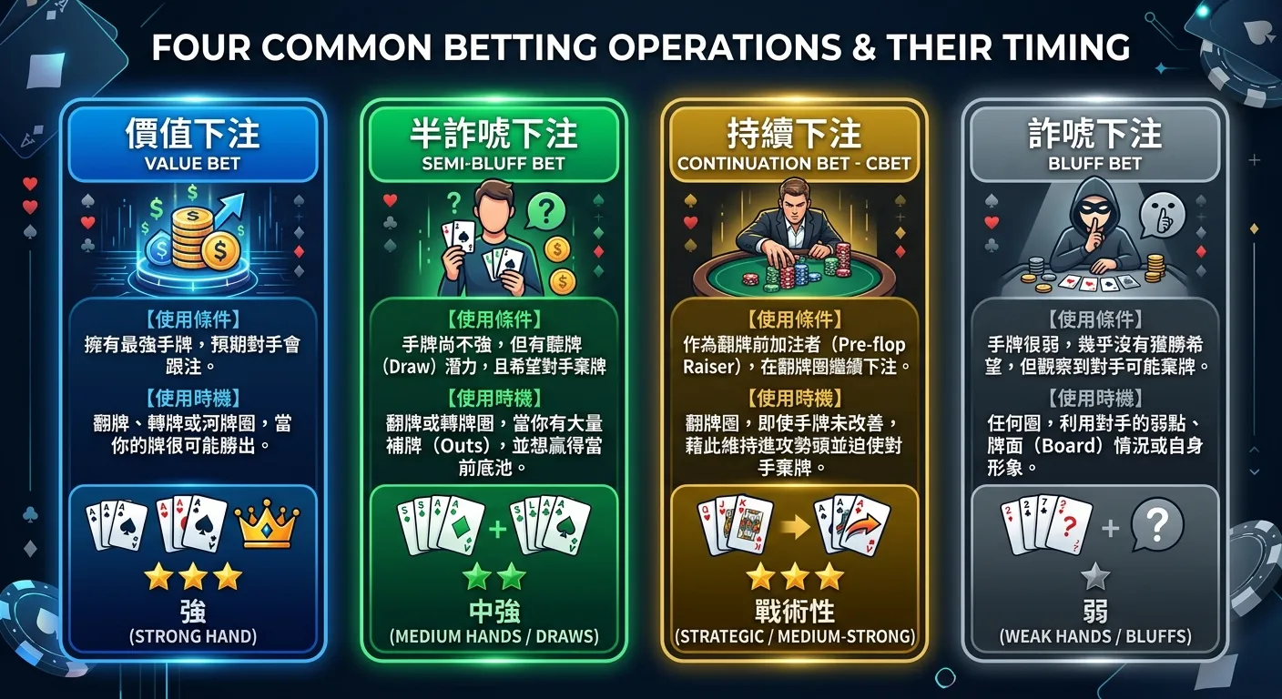 四種下注操作的使用時機對照表，以卡片式排列：每張卡片上方為操作名稱（中英文），中間為使用條件和時機的文字說明，下方用圖示標示適合的手牌強度（強/中/弱），配色分別為藍、綠、金、灰，整體清晰易讀。