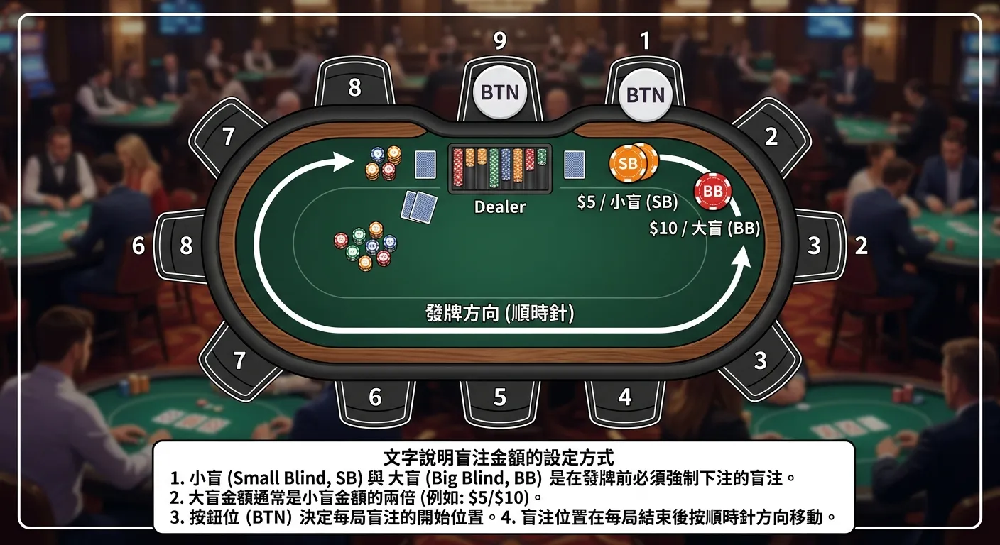 德州撲克盲注位置示意圖，以俯視角度展示橢圓形撲克牌桌，標示按鈕位（BTN，白色圓形標誌）、小盲（SB，橙色籌碼）、大盲（BB，紅色籌碼）的位置關係，箭頭標示發牌方向（順時針），旁附文字說明盲注金額的設定方式。