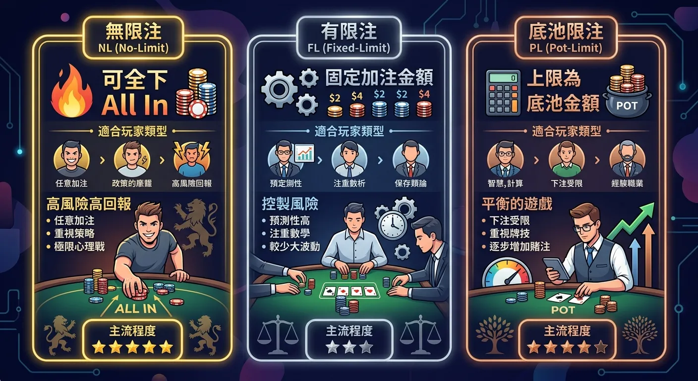 三種下注結構比較資訊圖，分為三個並排區塊：(1) 無限注 NL（金色框，標示「可全下 All In」），(2) 有限注 FL（銀色框，標示「固定加注金額」），(3) 底池限注 PL（青銅色框，標示「上限為底池金額」），每個區塊附上適合玩家類型圖示和主流程度星級。
