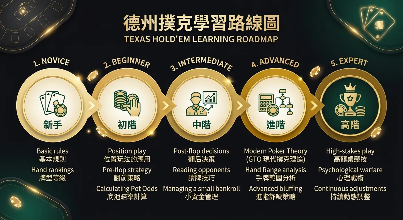 德州撲克學習路線圖，以由左至右的進階路徑呈現五個階段：新手→初階→中階→進階→高階，每個階段以圓形節點標示，節點之間以漸層色箭頭連接（從淺金到深金），每個節點下方列出該階段的學習重點（2-3 項），整體風格清晰易讀，配色使用金色路徑與深墨綠文字