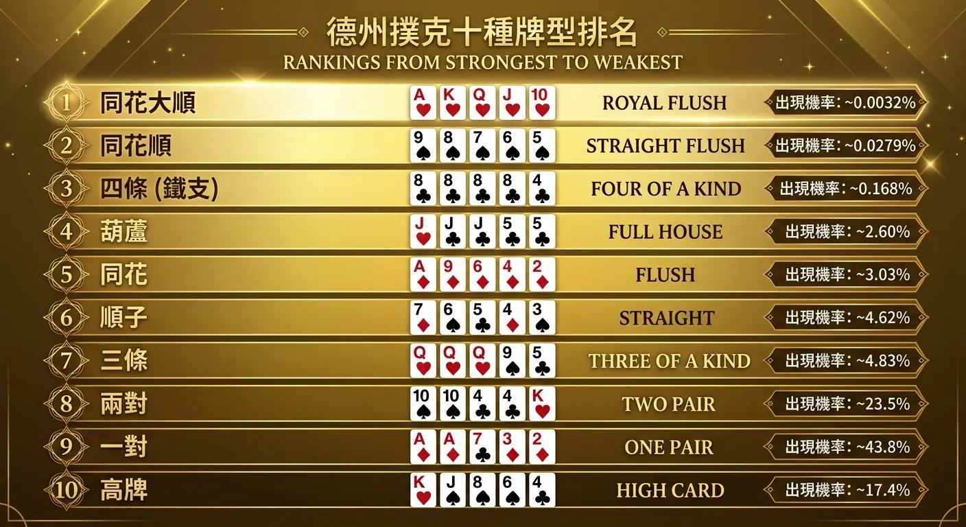 德州撲克十種牌型排名資訊圖，由上到下依序列出十種牌型，每種牌型以撲克牌圖示展示範例，左側標示排名數字與中文名稱，右側標示英文名稱與出現機率百分比，配色使用金色漸層背景（最強牌型金色最亮，最弱逐漸暗沉）