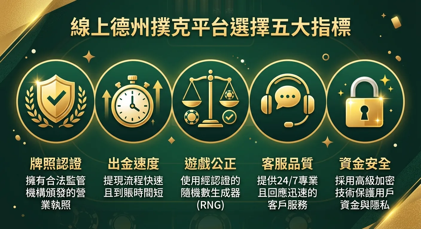 線上德州撲克平台選擇五大指標資訊圖，五個圓形圖示呈橫向排列，分別代表：牌照認證（盾牌圖示）、出金速度（時鐘圖示）、遊戲公正（天秤圖示）、客服品質（耳機圖示）、資金安全（鎖頭圖示），每個圖示下方標示指標名稱與簡短說明，配色使用金色與深綠色