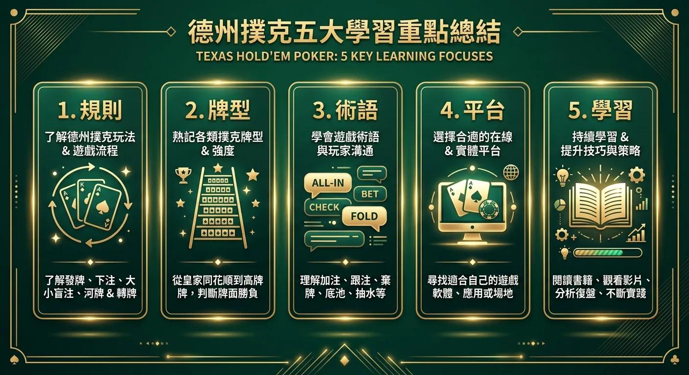 德州撲克五大學習重點總結資訊圖，五個重點以卡片形式呈現：規則（撲克牌圖示）、牌型（排名圖示）、術語（對話框圖示）、平台（電腦圖示）、學習（書本圖示），每張卡片包含簡短一句話說明，整體配色使用深綠色底搭配金色文字